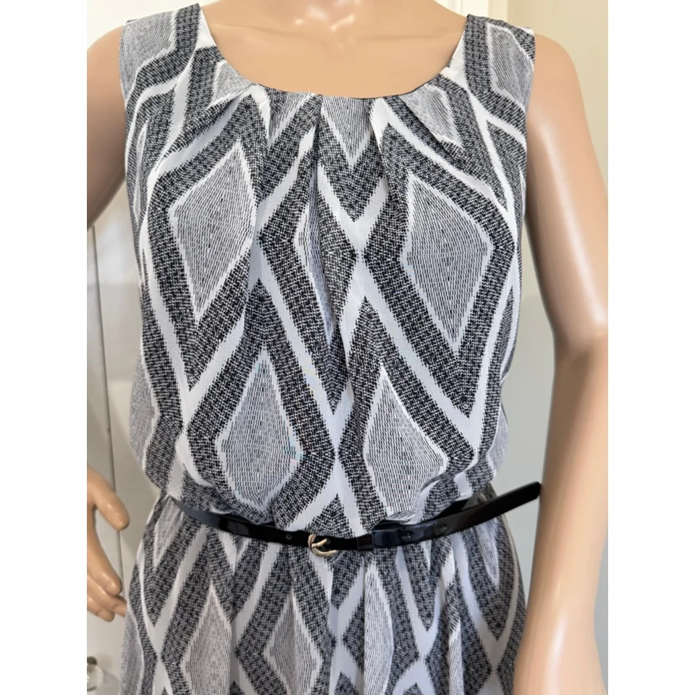 Women's AB Studio lined belted Dress Black White Geometric Print Sz L Sleeveless - Picture 2 of 9